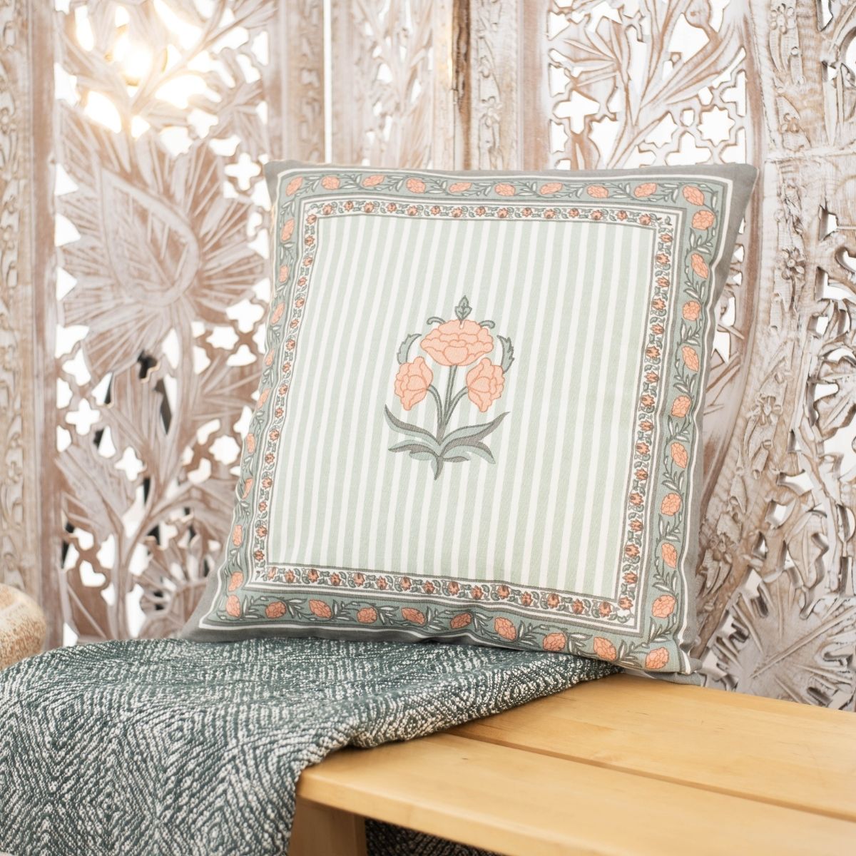 Green and Dusty Pink Cotton Cushion Cover | 18x18 in | Set of 3 | Floral and Jaali Design
