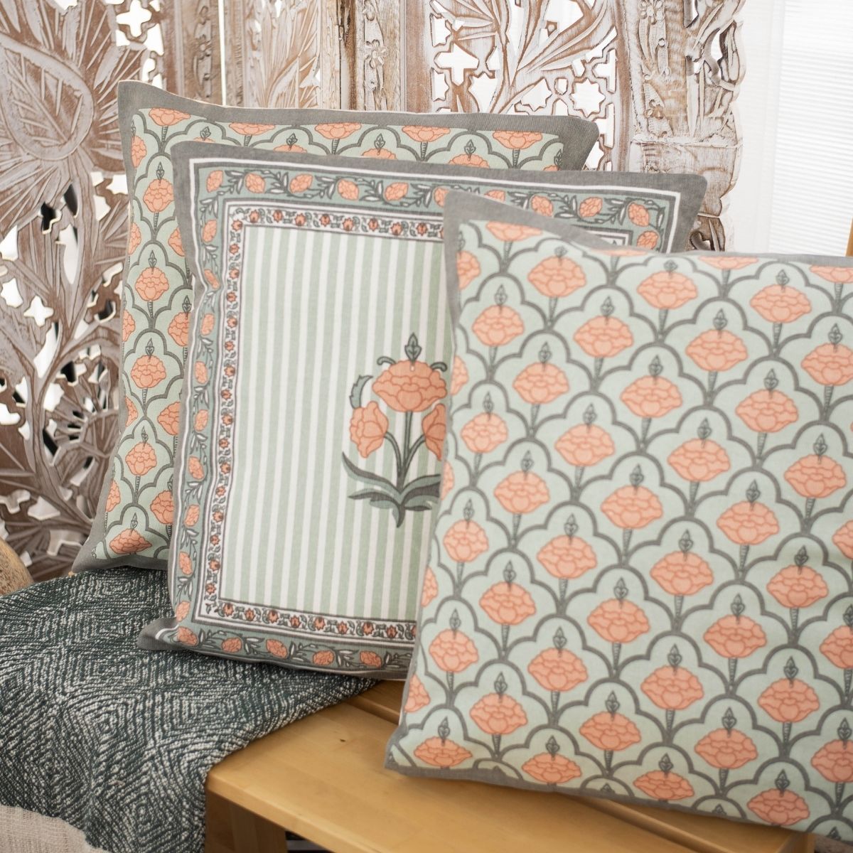 Green and Dusty Pink Cotton Cushion Cover | 18x18 in | Set of 3 | Floral and Jaali Design