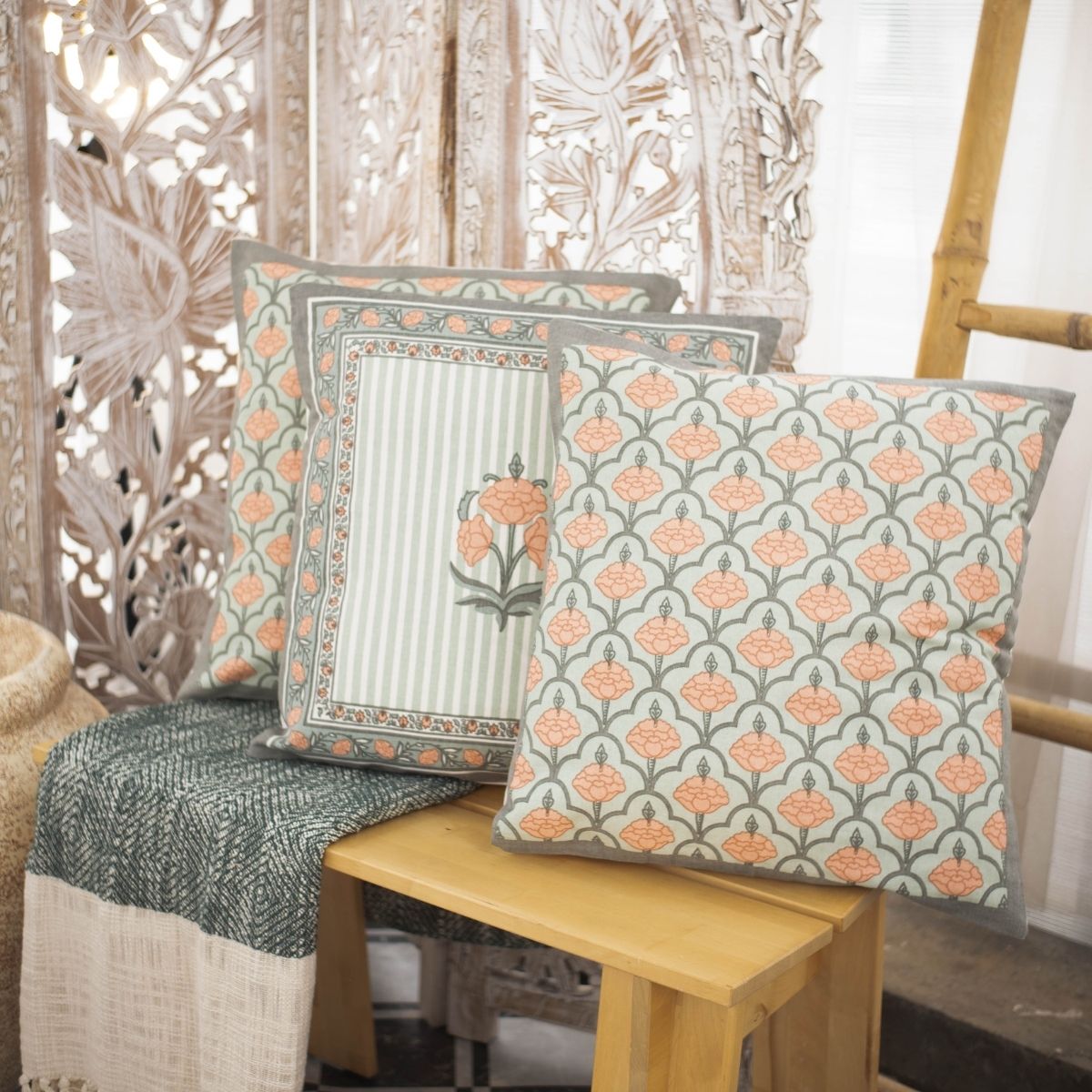 Green and Dusty Pink Cotton Cushion Cover | 18x18 in | Set of 3 | Floral and Jaali Design