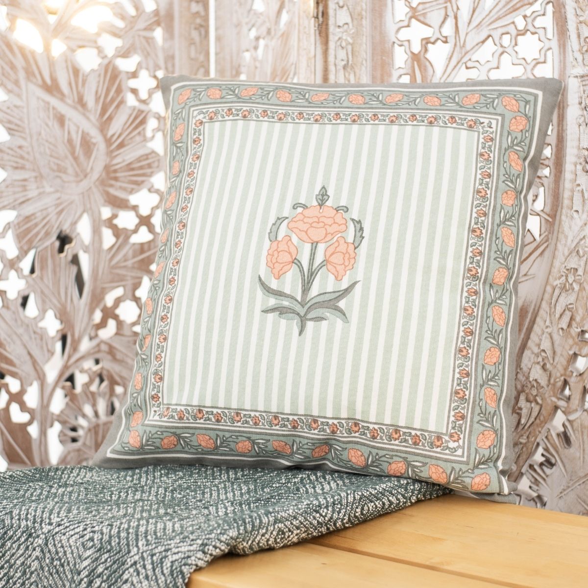 Green and Dusty Pink Cotton Cushion Cover | 18x18 in | Set of 5 | Floral and Jaali Design