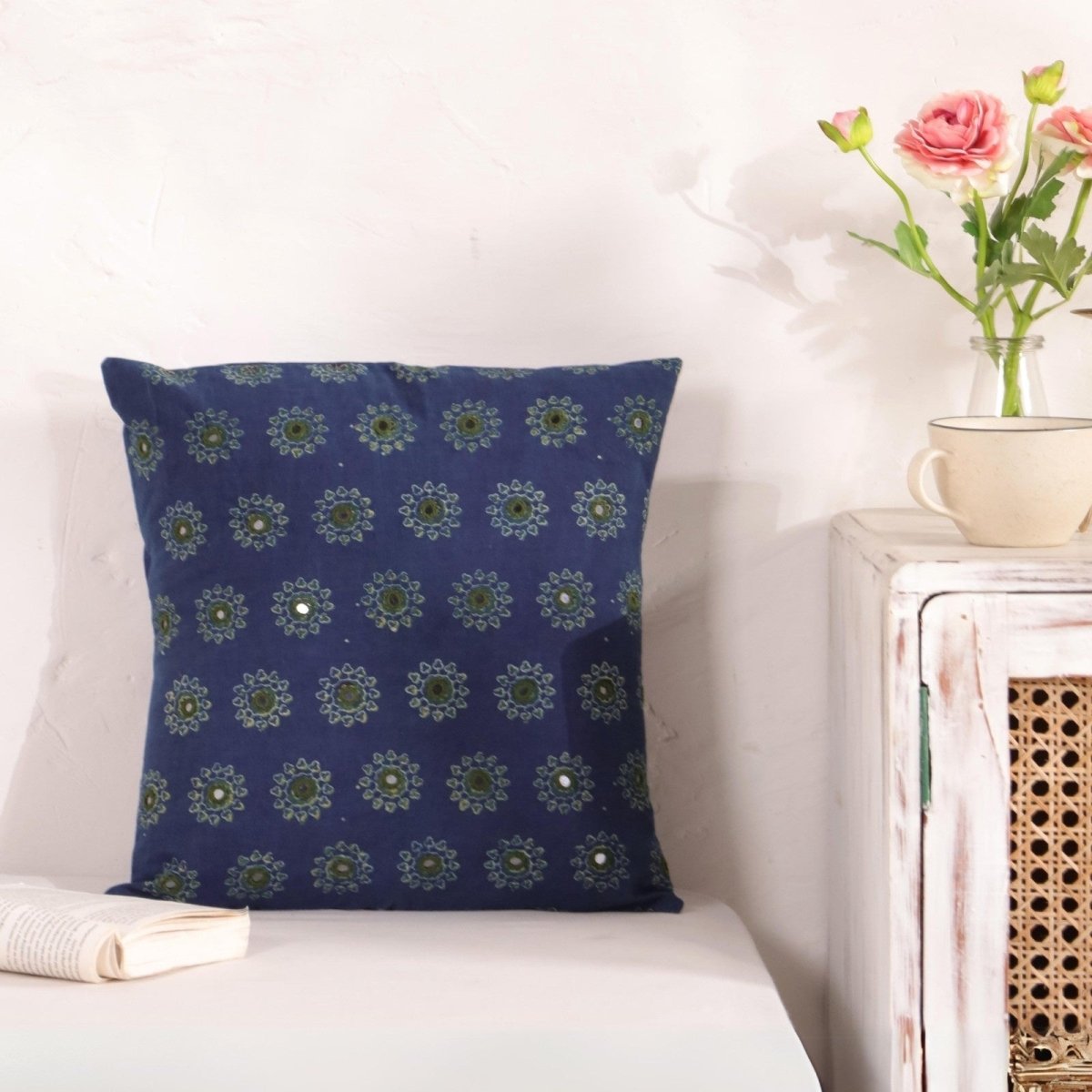 Cotton Cushion Covers Embroidered and Block Printed In Indigo and Green Colour | 16 x 16 inches| Single or Combo Pack Available