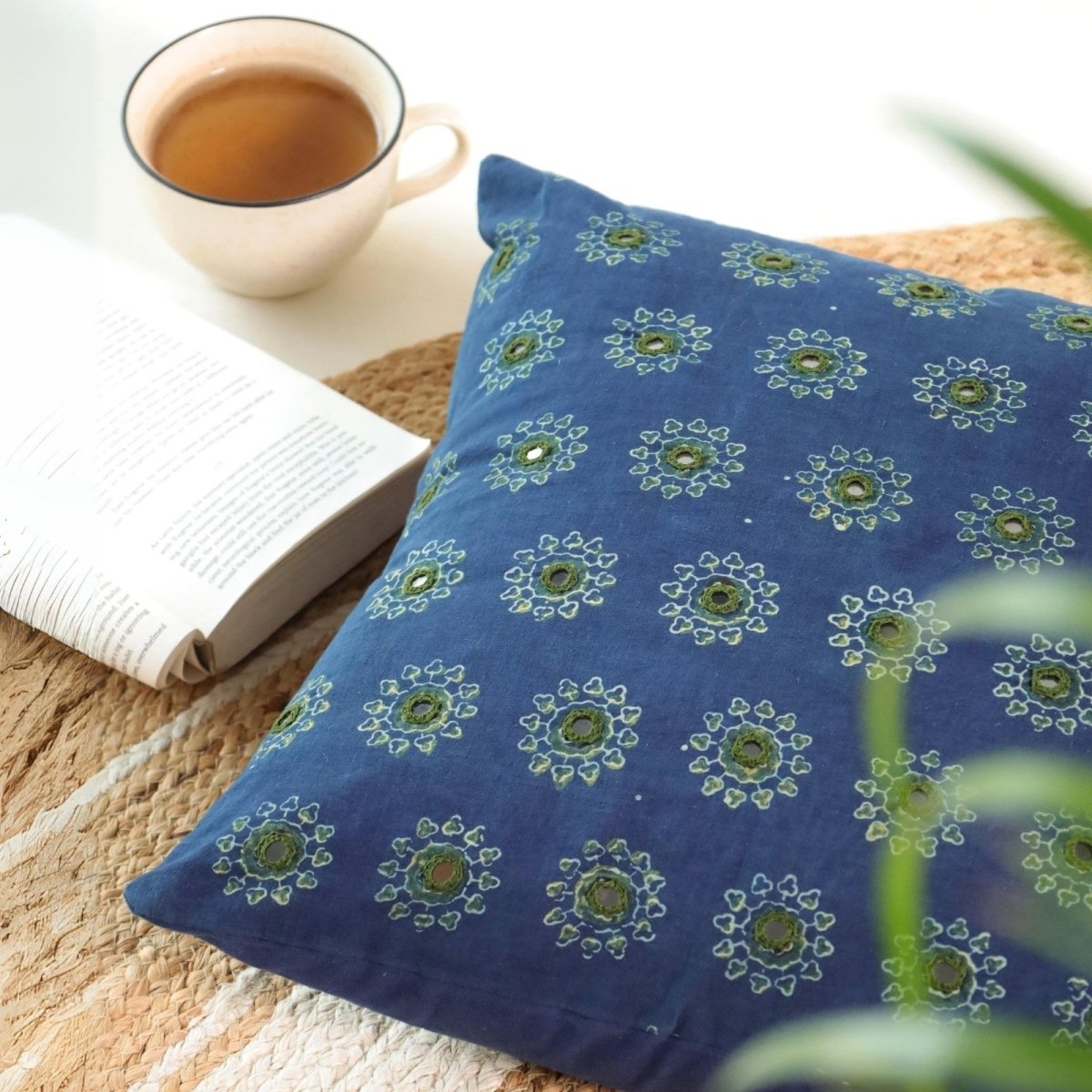 Cotton Cushion Covers Embroidered and Block Printed In Indigo and Green Colour | 16 x 16 inches| Single or Combo Pack Available