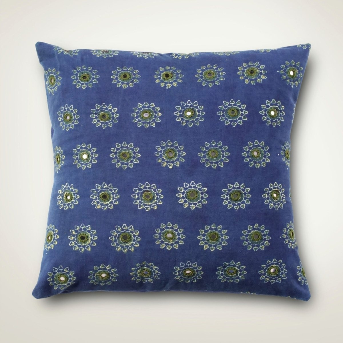 Embroidered Cotton Cushion Cover in Indigo and Green | 16x16 in | Set of 1,2 and 4
