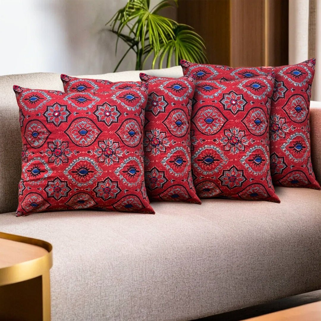 Embroidered Cotton Cushion Cover in Brick Red | 16x16 in | Set of 1,2 and 4