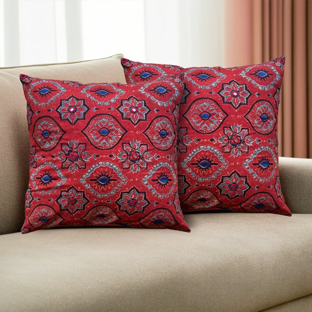 Cotton Embroidered Cushion Cover Block Printed in Brick Red Colour | 16 x 16 inches | Single or Combo Pack Available