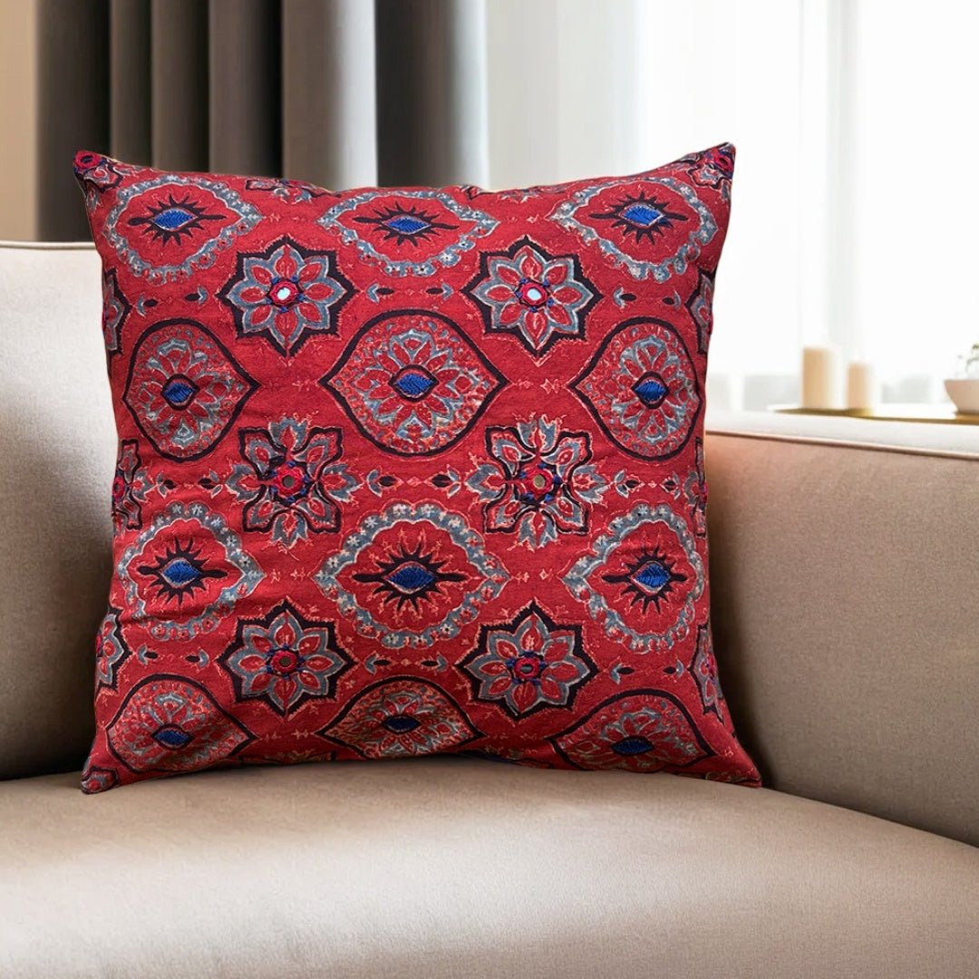 Cotton Embroidered Cushion Cover Block Printed in Brick Red Colour | 16 x 16 inches | Single or Combo Pack Available