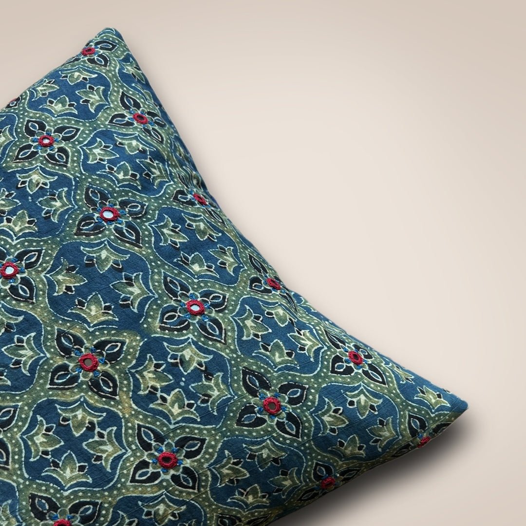 Embroidered Cotton Cushion Cover in Indigo and Green | 16x16 in | Set of 1,2 and 4
