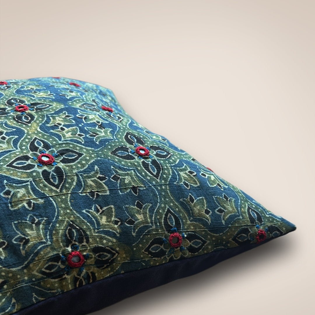 Embroidered Cotton Cushion Cover in Indigo and Green | 16x16 in | Set of 1,2 and 4