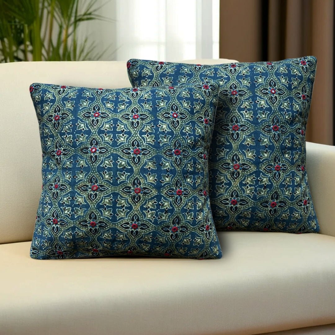 Pure Cotton Cushion Cover Embroidered and Block Printed in Green and Indigo| Single or Combo Pack Available