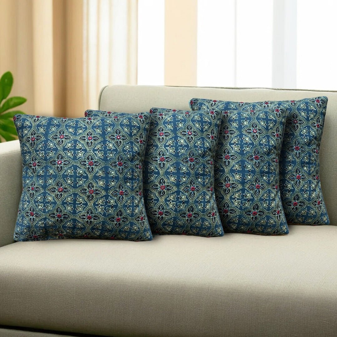 Embroidered Cotton Cushion Cover in Indigo and Green | 16x16 in | Set of 1,2 and 4