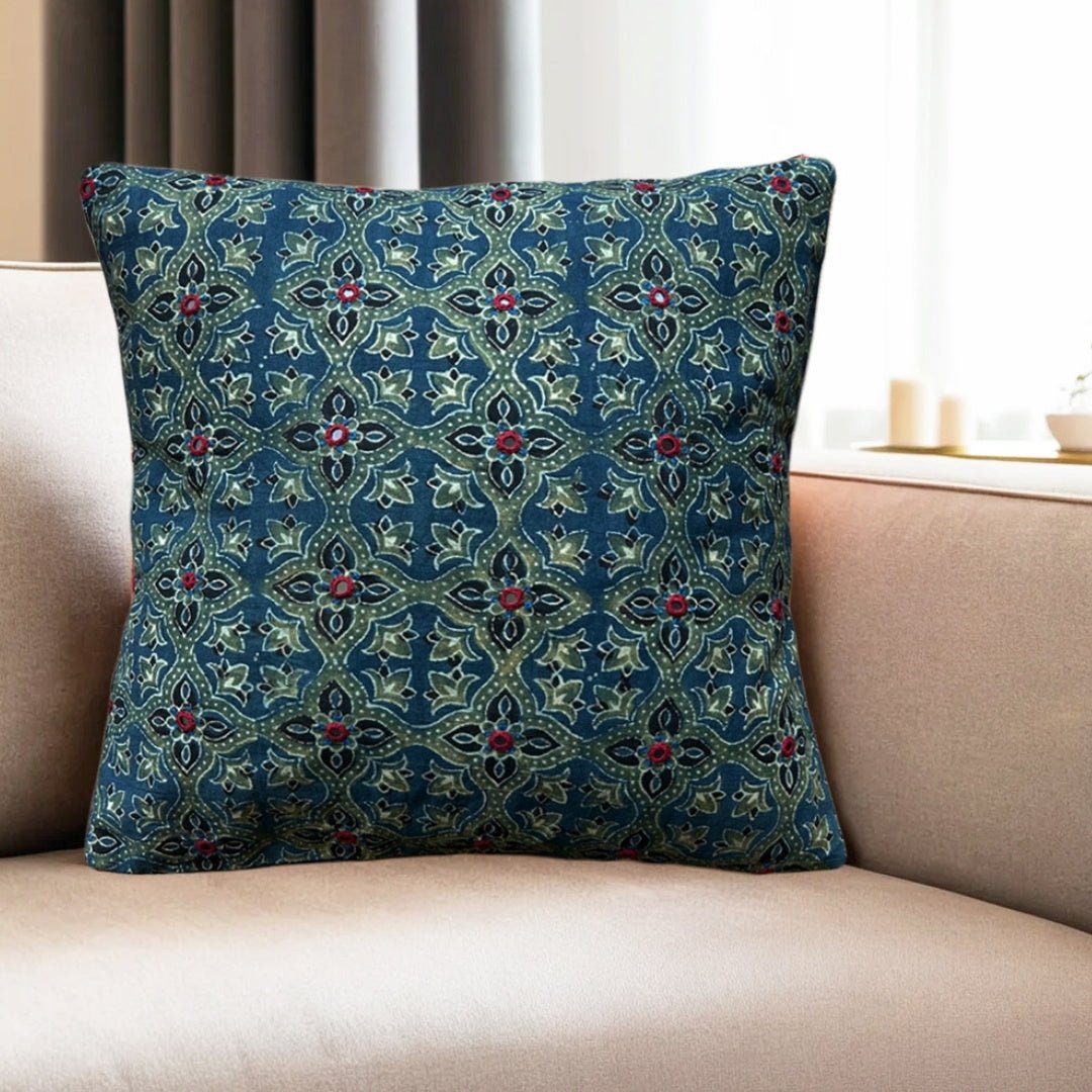 Pure Cotton Cushion Cover Embroidered and Block Printed in Green and Indigo| Single or Combo Pack Available
