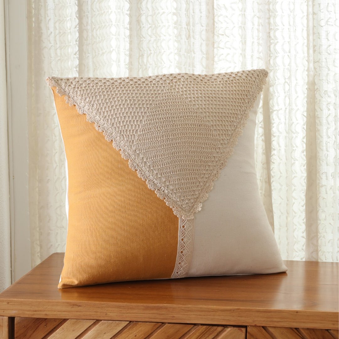 Cotton Cushion Covers with Crochet Detailing in Mustard and Off White | 16 x 16 inch | Single or Combo Pack Available