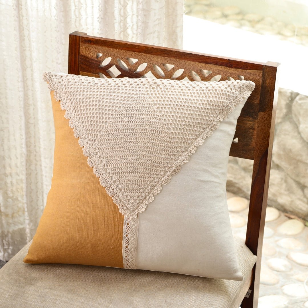 Cotton Cushion Covers with Crochet Detailing in Mustard and Off White | 16 x 16 inch | Single or Combo Pack Available