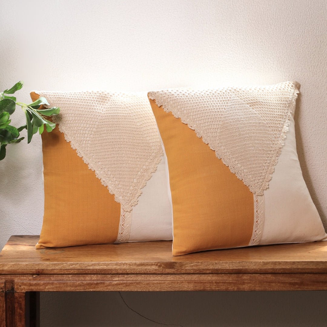 Pure Cotton Crochet Cushion Cover in Mustard and Off White | 16x16 in | Set of 1,2,3,4 and 5