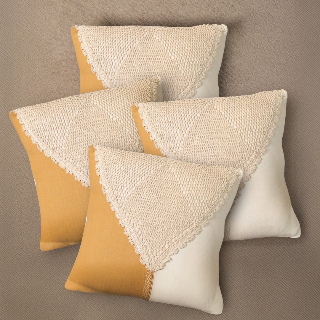 Pure Cotton Crochet Cushion Cover in Mustard and Off White | 16x16 in | Set of 1,2,3,4 and 5