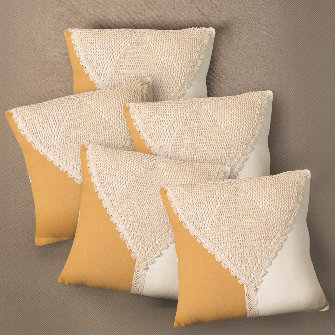 Pure Cotton Crochet Cushion Cover in Mustard and Off White | 16x16 in | Set of 1,2,3,4 and 5
