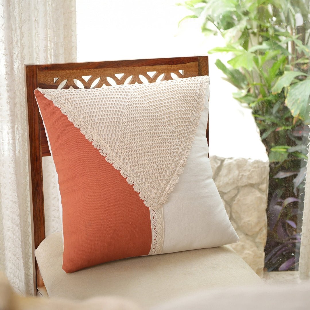 Pure Cotton Crochet Cushion Cover in Rust and Off White | 16x16 in | Set of 1,2,3,4 and 5