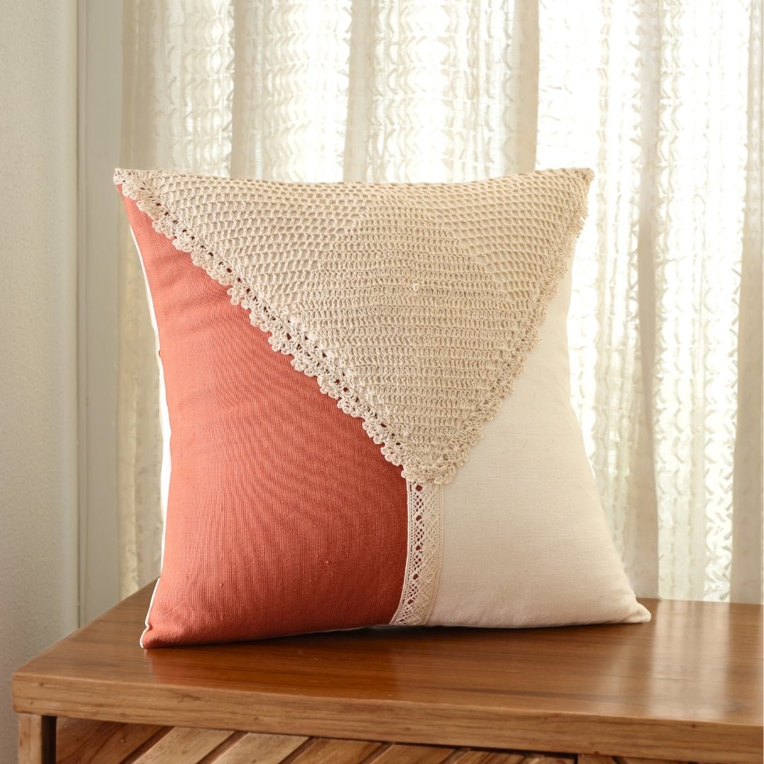 Cotton Cushion Covers with Crochet Detailing in Rust and Off White | 16 x 16 inch | Single or Combo Pack Available