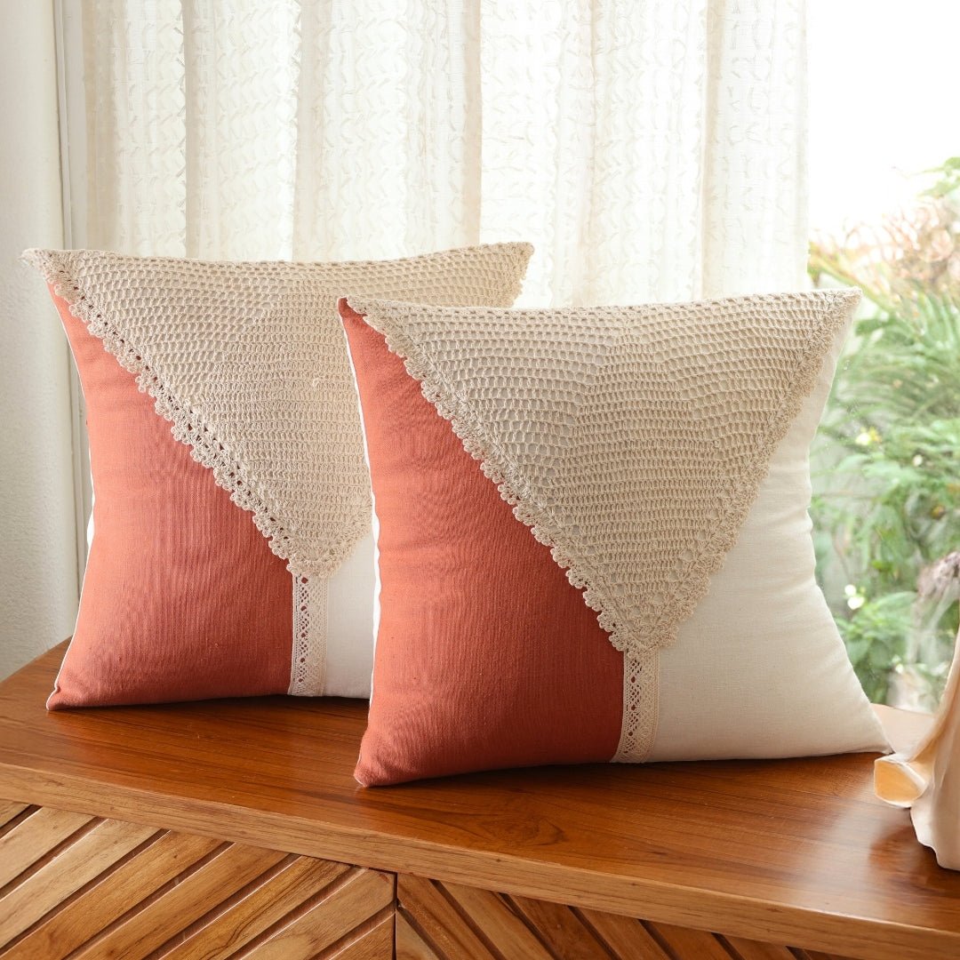 Pure Cotton Crochet Cushion Cover in Rust and Off White | 16x16 in | Set of 1,2,3,4 and 5
