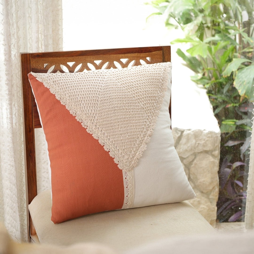 Cotton Cushion Covers with Crochet Detailing in Rust and Off White | 16 x 16 inch | Single or Combo Pack Available
