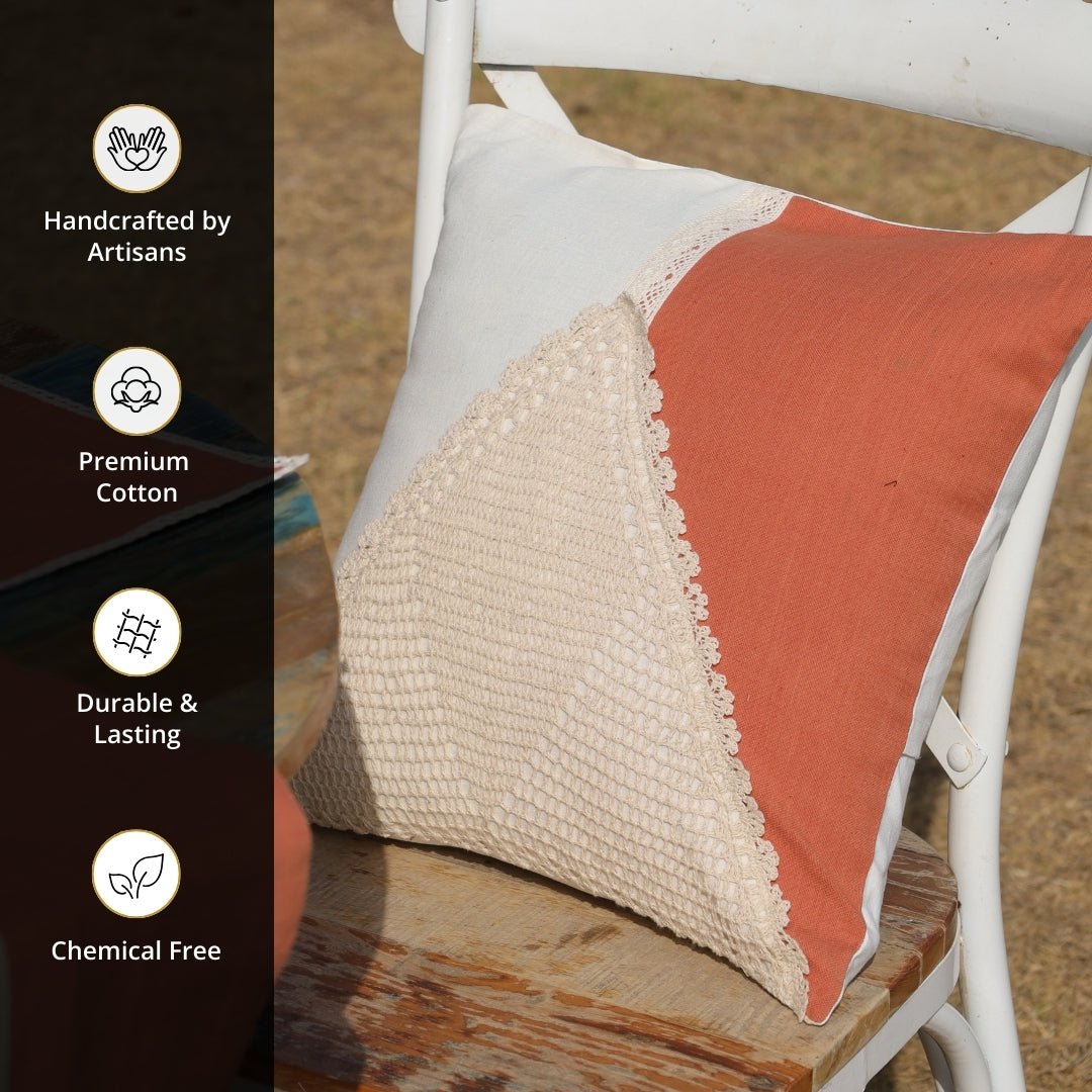 Pure Cotton Crochet Cushion Cover in Rust and Off White | 16x16 in | Set of 1,2,3,4 and 5
