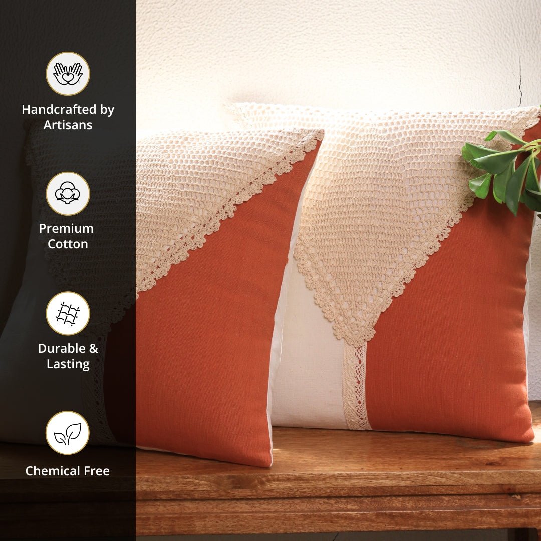 Pure Cotton Crochet Cushion Cover in Rust and Off White | 16x16 in | Set of 1,2,3,4 and 5