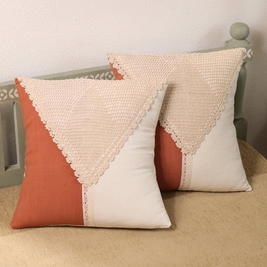 Pure Cotton Crochet Cushion Cover in Rust and Off White | 16x16 in | Set of 1,2,3,4 and 5