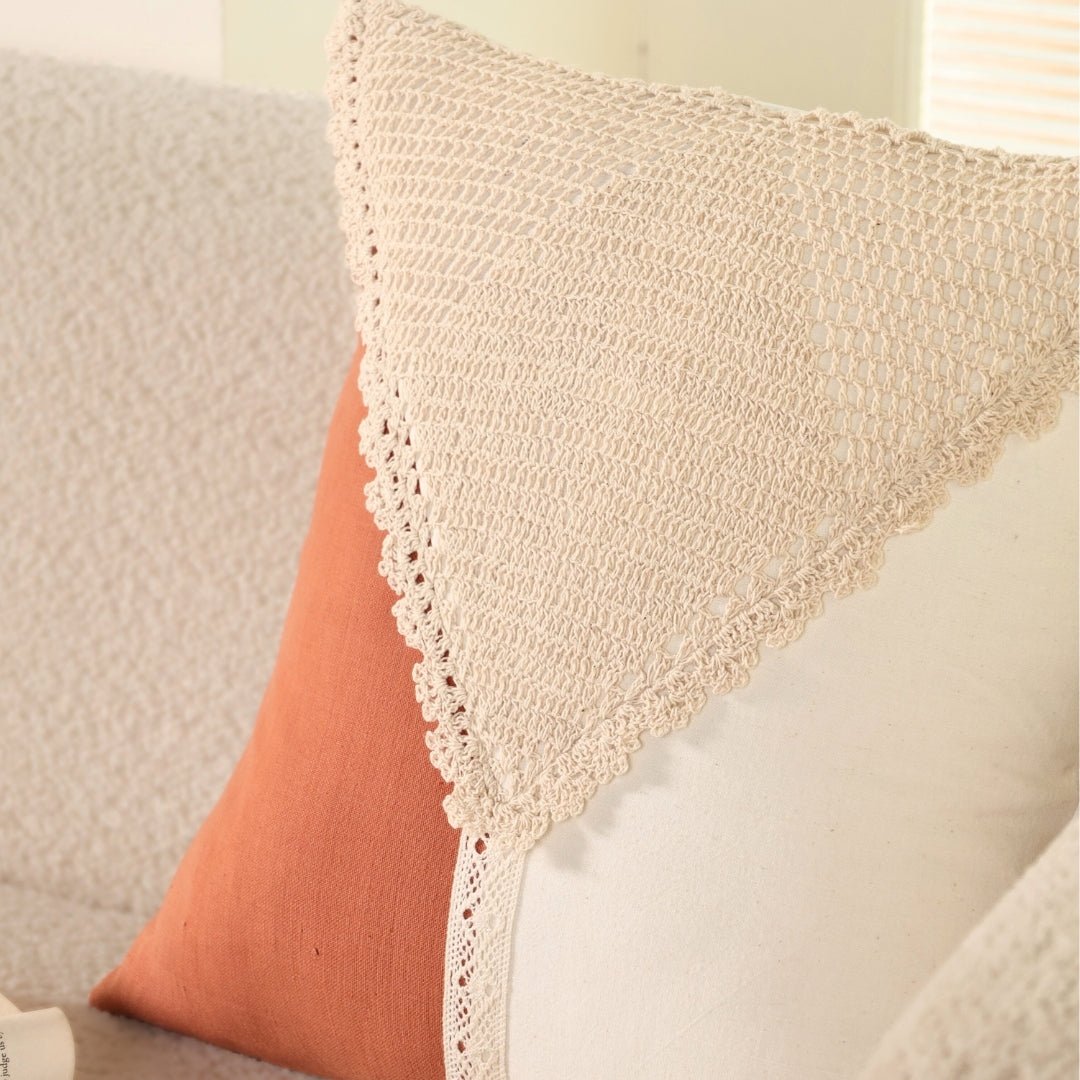 Pure Cotton Crochet Cushion Cover in Rust and Off White | 16x16 in | Set of 1,2,3,4 and 5