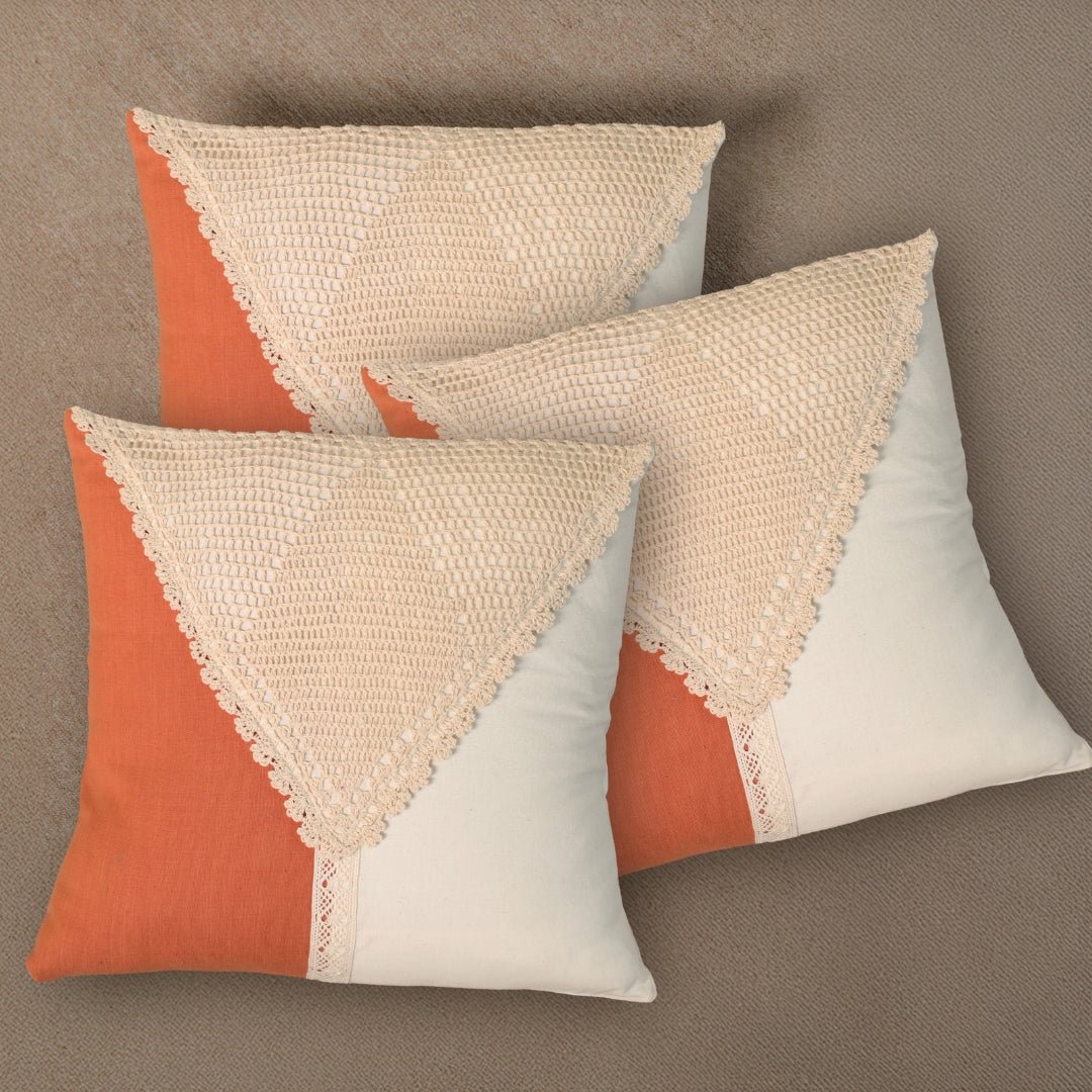 Pure Cotton Crochet Cushion Cover in Rust and Off White | 16x16 in | Set of 1,2,3,4 and 5