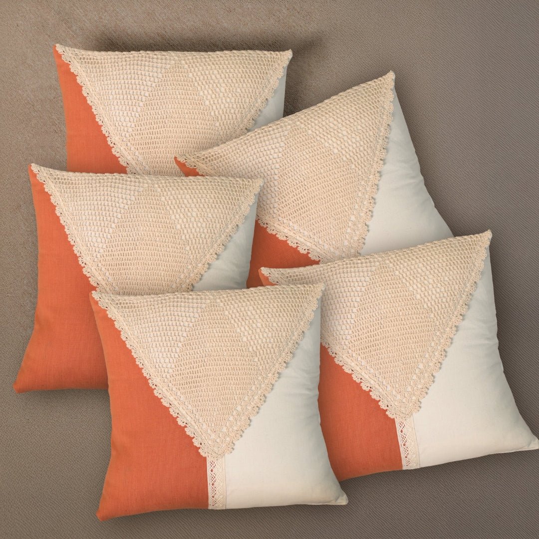 Pure Cotton Crochet Cushion Cover in Rust and Off White | 16x16 in | Set of 1,2,3,4 and 5