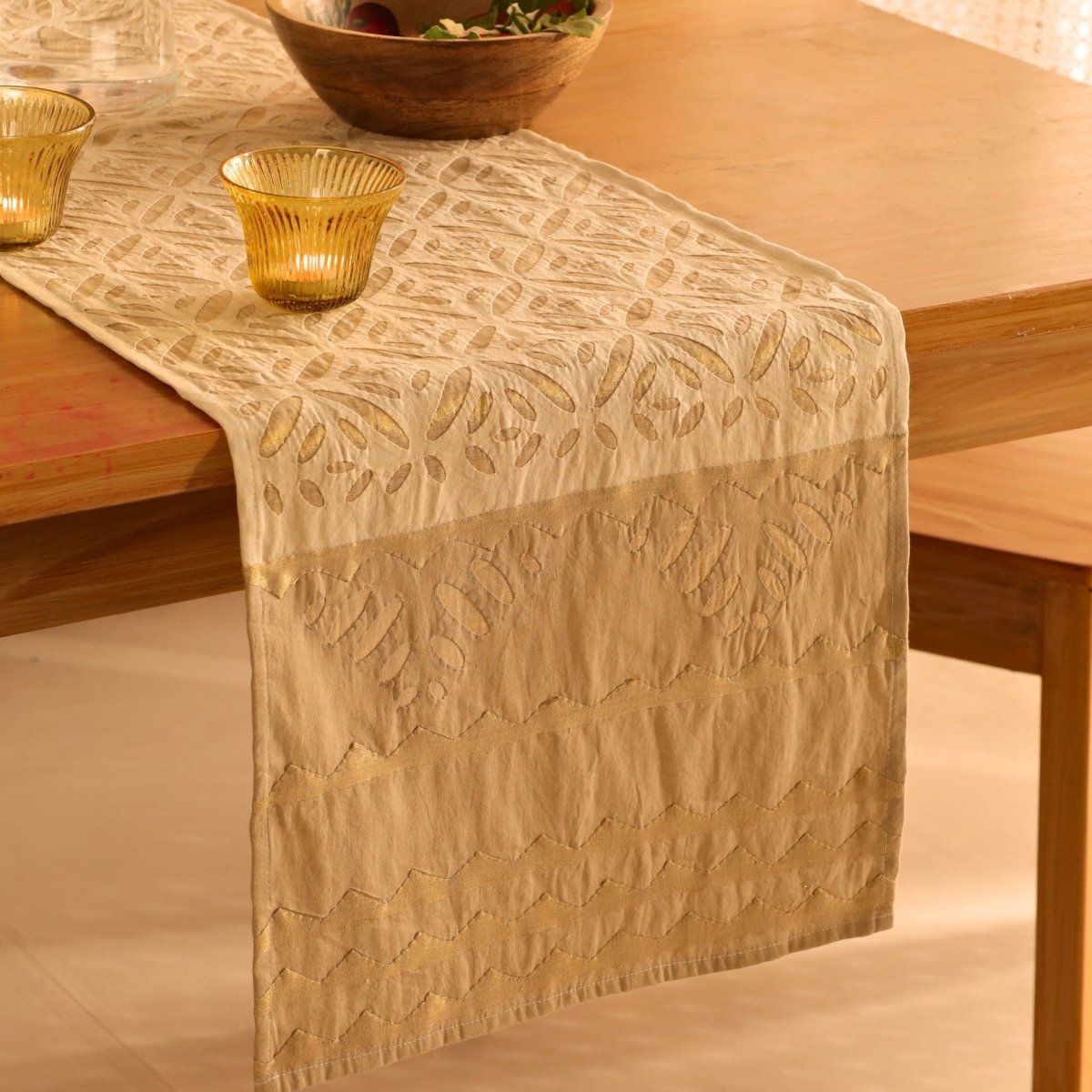 Elegant off white and taupe table runner featuring intricate appliqué work. Handcrafted for timeless dining décor—perfect for modern and classic homes.