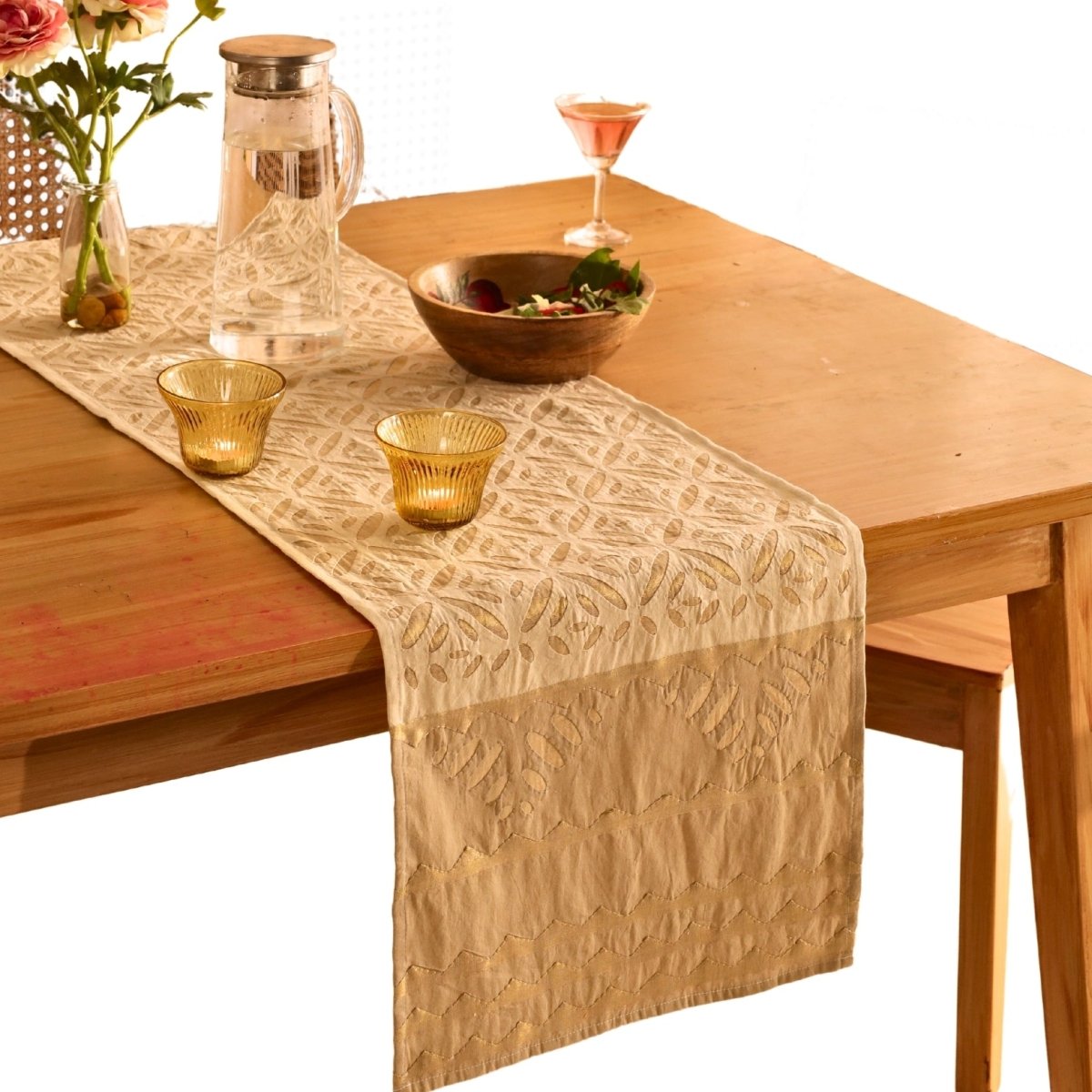 Elegant off white and taupe table runner featuring intricate appliqué work. Handcrafted for timeless dining décor—perfect for modern and classic homes.
