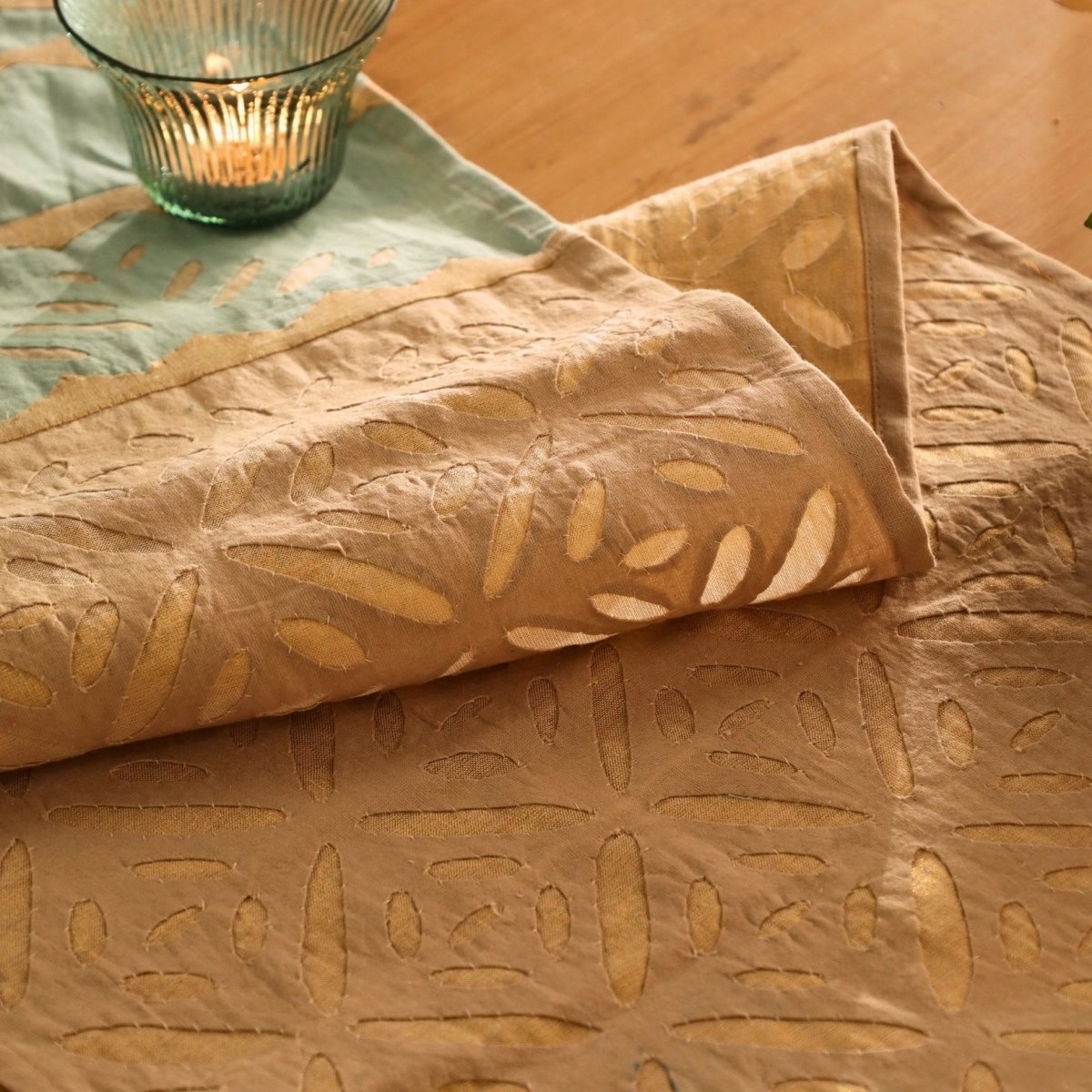 Cotton Dining Table Runner in Taupe and Teal Blue Applique Work 15 x 60 inches Marigold Collection