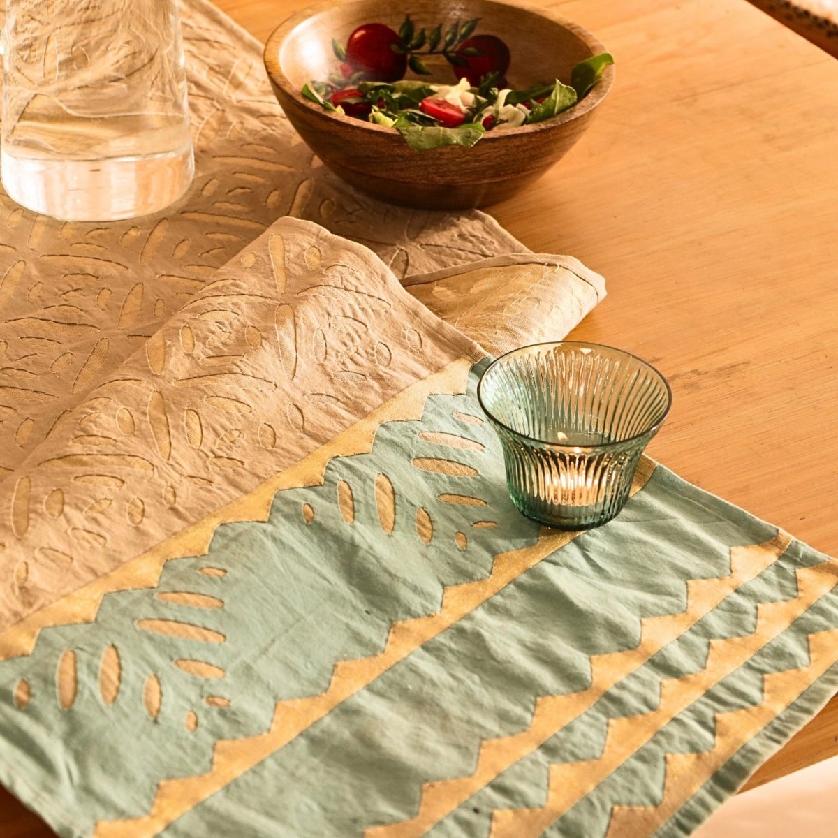 Cotton Dining Table Runner in Taupe and Teal Blue Applique Work 15 x 60 inches Marigold Collection