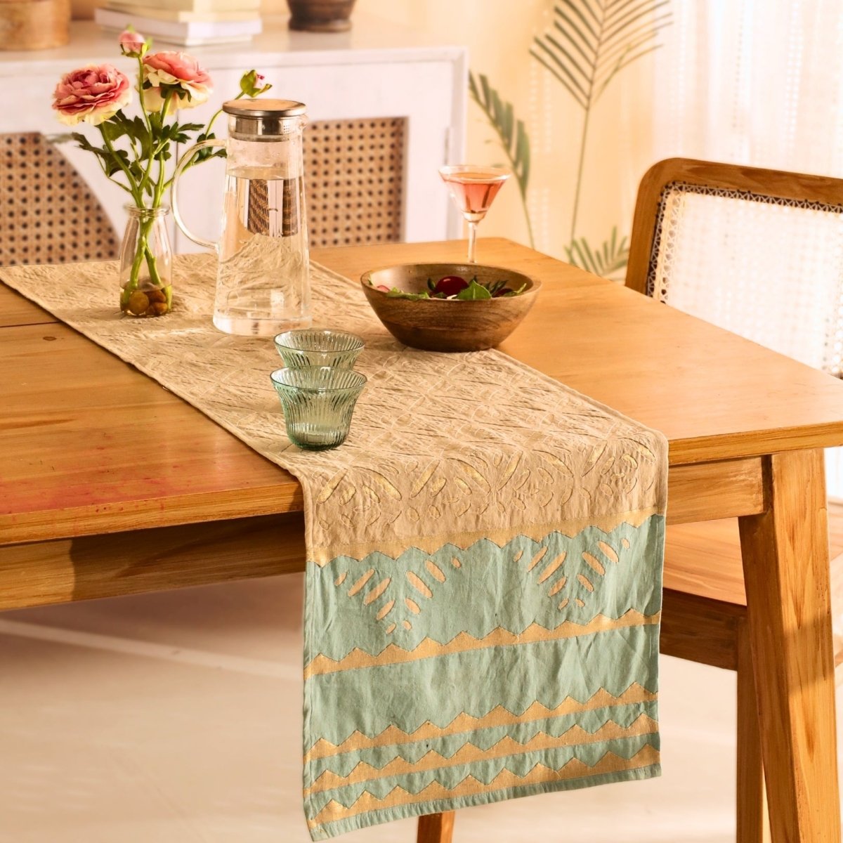 Cotton Dining Table Runner in Taupe and Teal Blue Applique Work 15 x 60 inches Marigold Collection