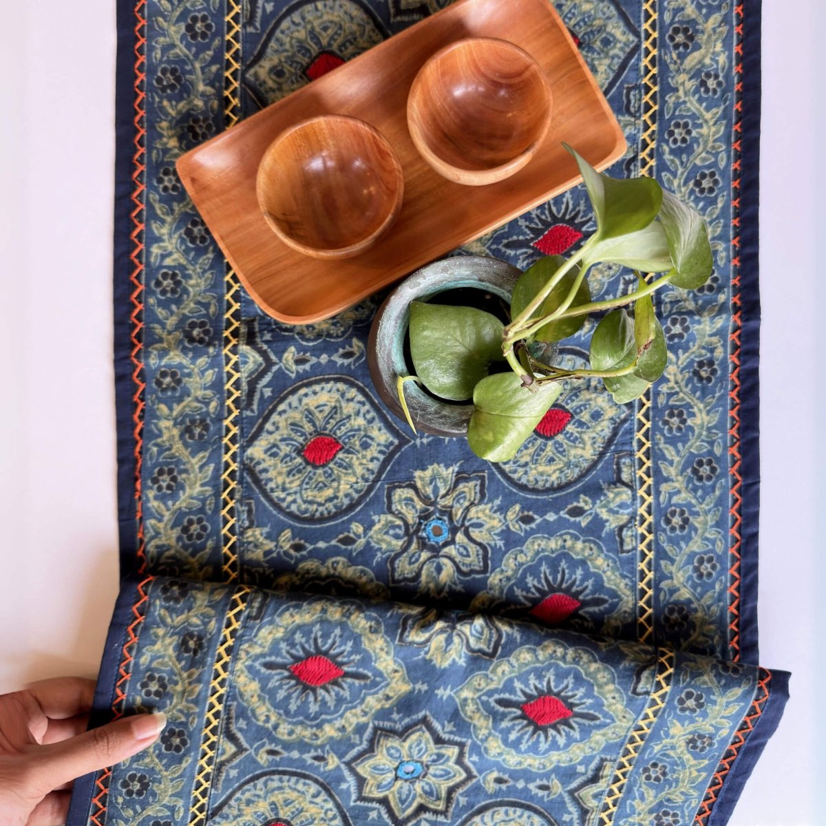 Cotton Dining Table Runner with Block Print Blue | Eco Friendly Tableware Sustainably Crafted from Pure Cotton | Handmade In India - 13 x 72 inches / Pure Cotton / Indigo & Green