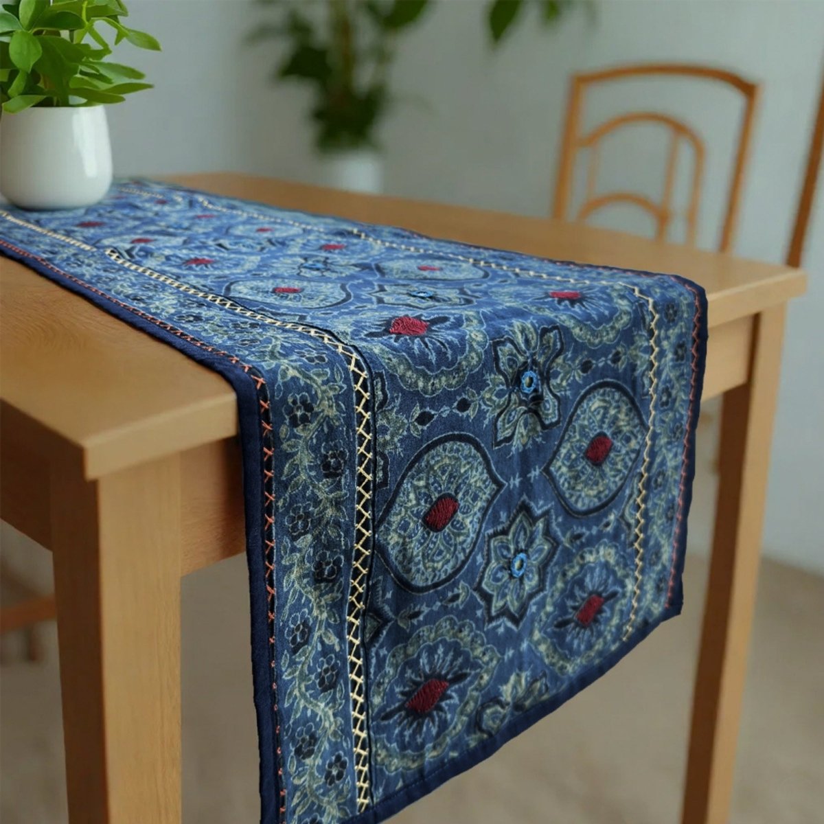 Cotton Dining Table Runner with Block Print Blue | Eco Friendly Tableware Sustainably Crafted from Pure Cotton | Handmade In India - 13 x 72 inches / Pure Cotton / Indigo & Green