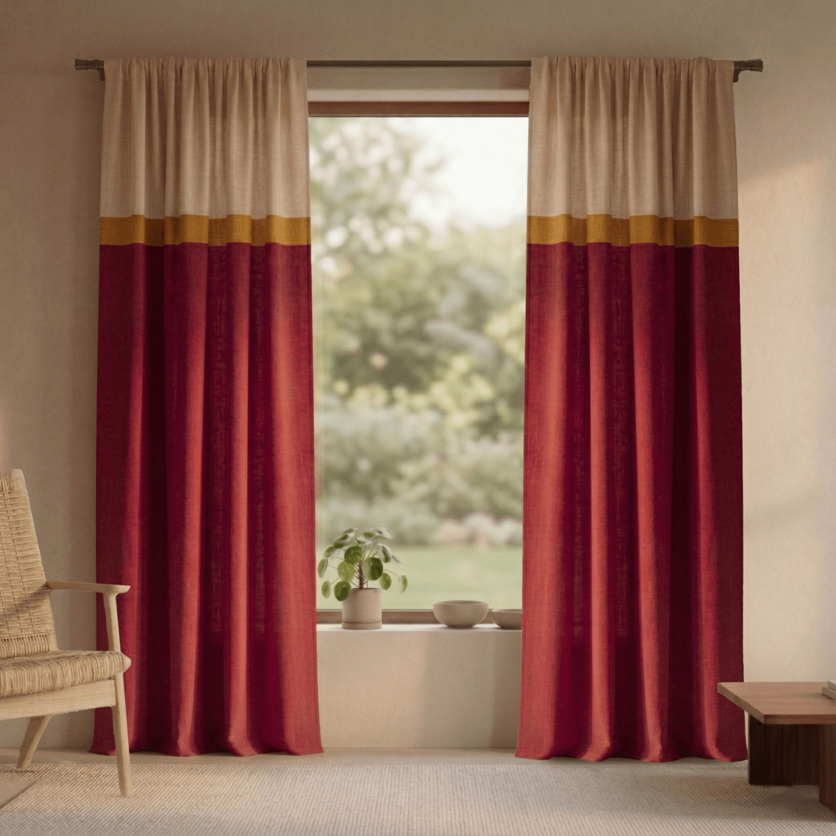 Cotton Door Curtain and Cushion Cover Set in Maroon and Off White | 2 Semi Blackout Curtains with 70% Light Blocking and 2 Cushion Covers 16x16 Inch | Top Bottom Reversible Curtain