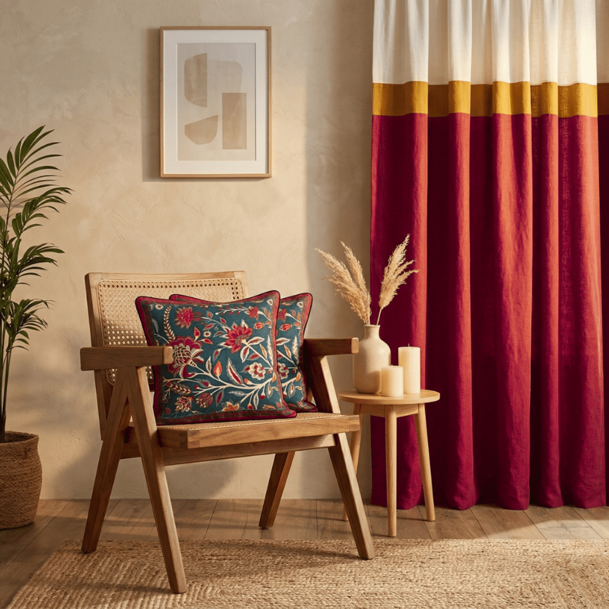 Cotton Door Curtain and Cushion Cover Set in Maroon and Off White | 2 Semi Blackout Curtains with 70% Light Blocking and 2 Cushion Covers 16x16 Inch | Top Bottom Reversible Curtain