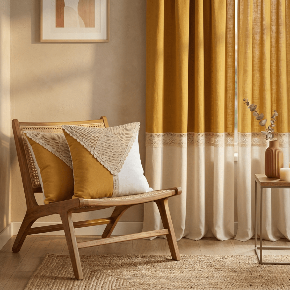 Cotton Door Curtain and Cushion Cover Set in Mustard and Off White | 2 Semi Blackout Curtains with 70% Light Blocking and 2 Cushion Covers 16x16 Inch | Crochet Lace Border | Top Bottom Reversible Curtain
