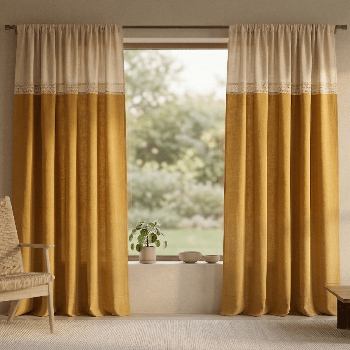 Cotton Door Curtain and Cushion Cover Set in Mustard and Off White | 2 Semi Blackout Curtains with 70% Light Blocking and 2 Cushion Covers 16x16 Inch | Crochet Lace Border | Top Bottom Reversible Curtain