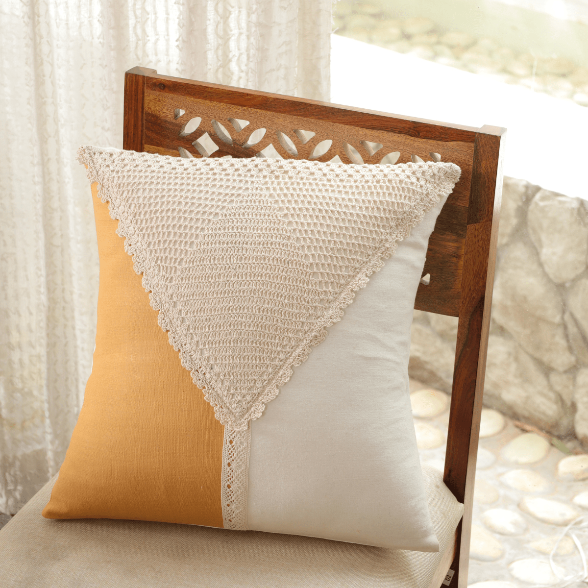 Cotton Door Curtain and Cushion Cover Set in Mustard and Off White