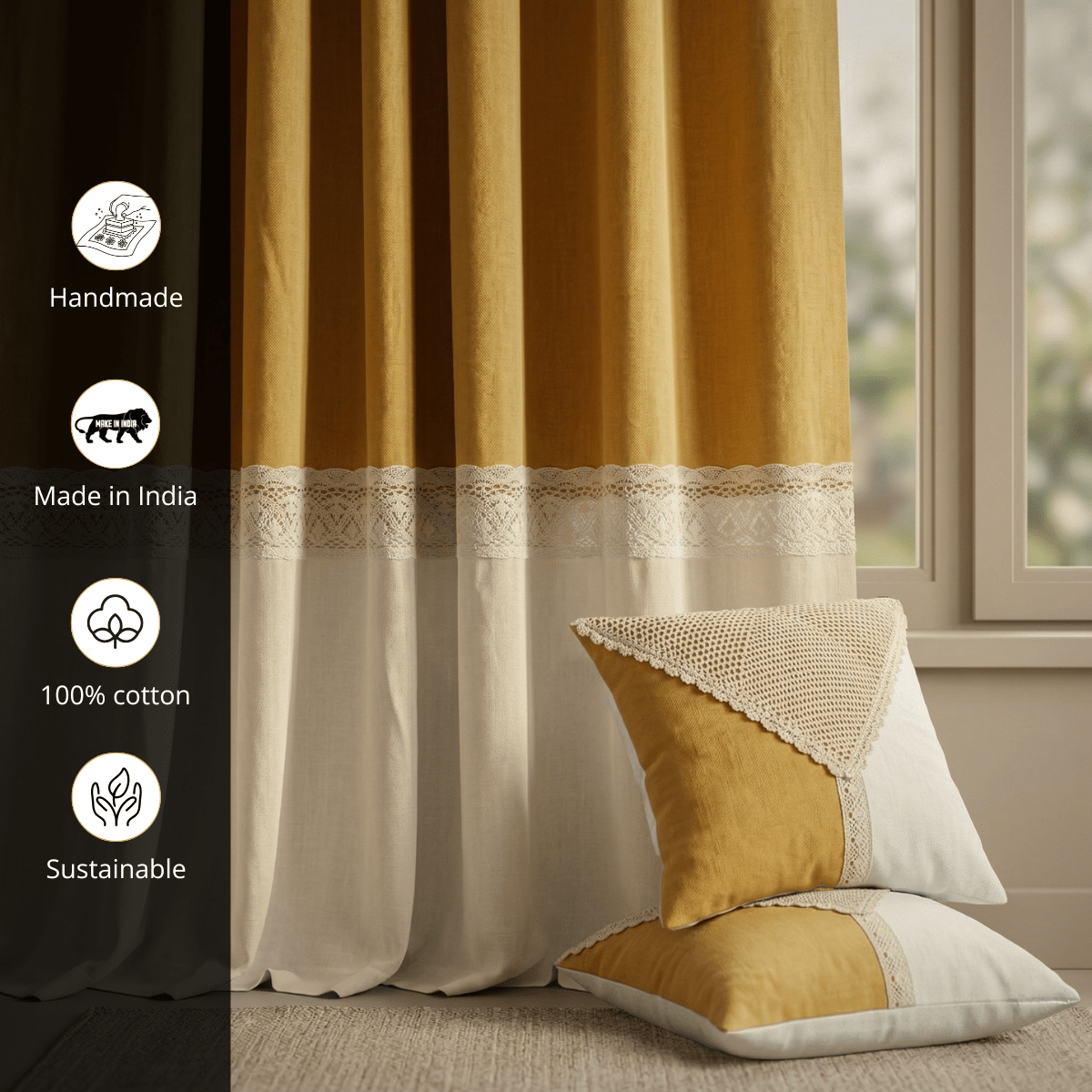 Cotton Door Curtain and Cushion Cover Set in Mustard and Off White