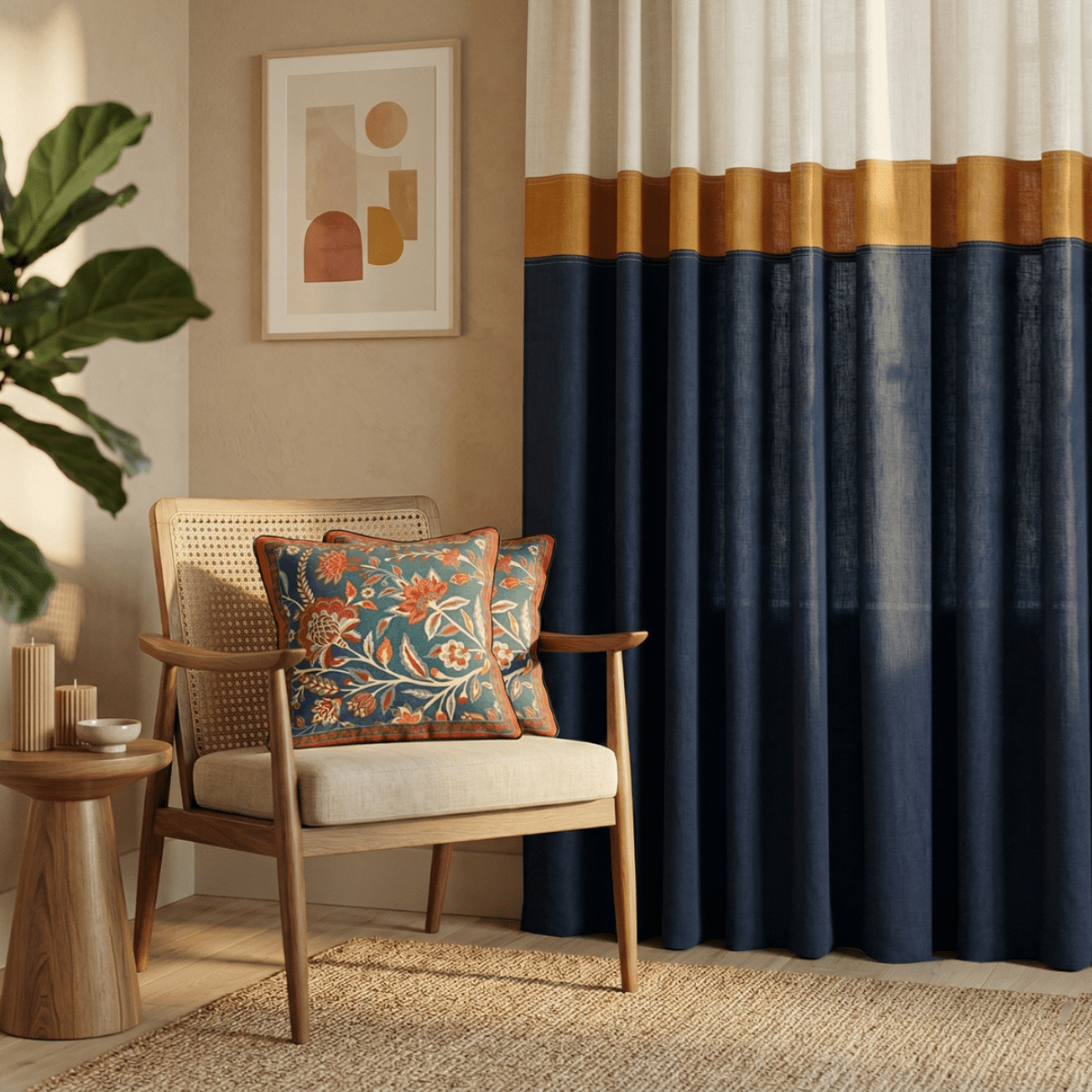 Cotton Door Curtain and Cushion Cover Set in Navy Blue and Off White | 2 Semi Blackout Curtains with 70% Light Blocking and 2 Cushion Covers 16x16 Inch | Top to Bottom Reversible Curtain