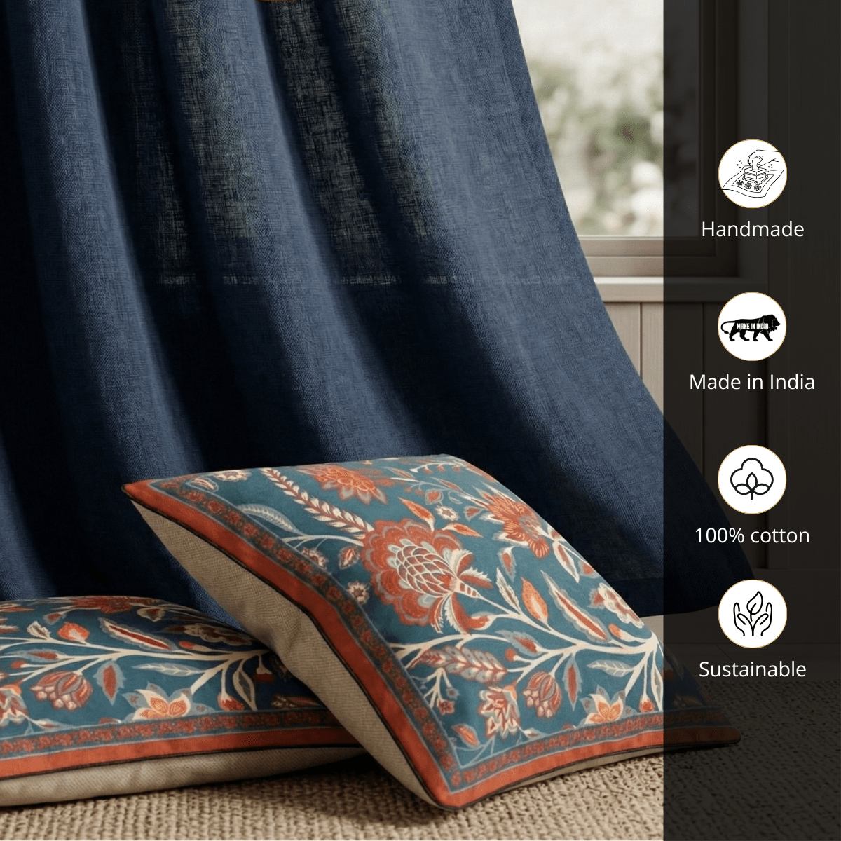 Set of 2 Curtains and 2 Cushion Covers in Navy Blue and Off White