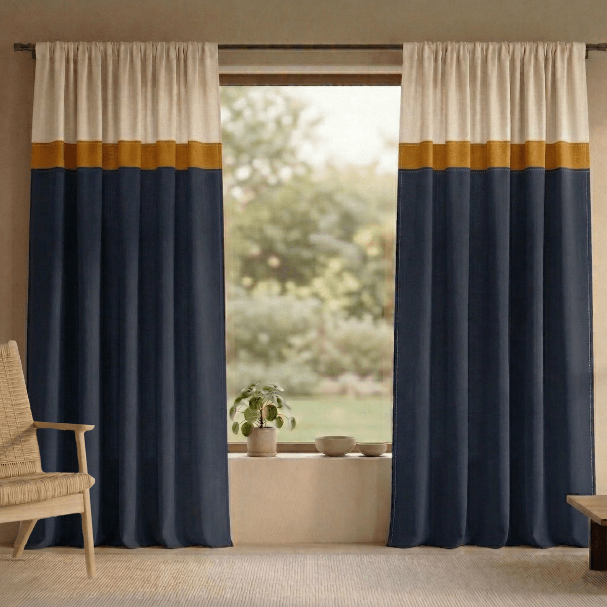 Cotton Door Curtain and Cushion Cover Set in Navy Blue and Off White | 2 Semi Blackout Curtains with 70% Light Blocking and 2 Cushion Covers 16x16 Inch | Top to Bottom Reversible Curtain