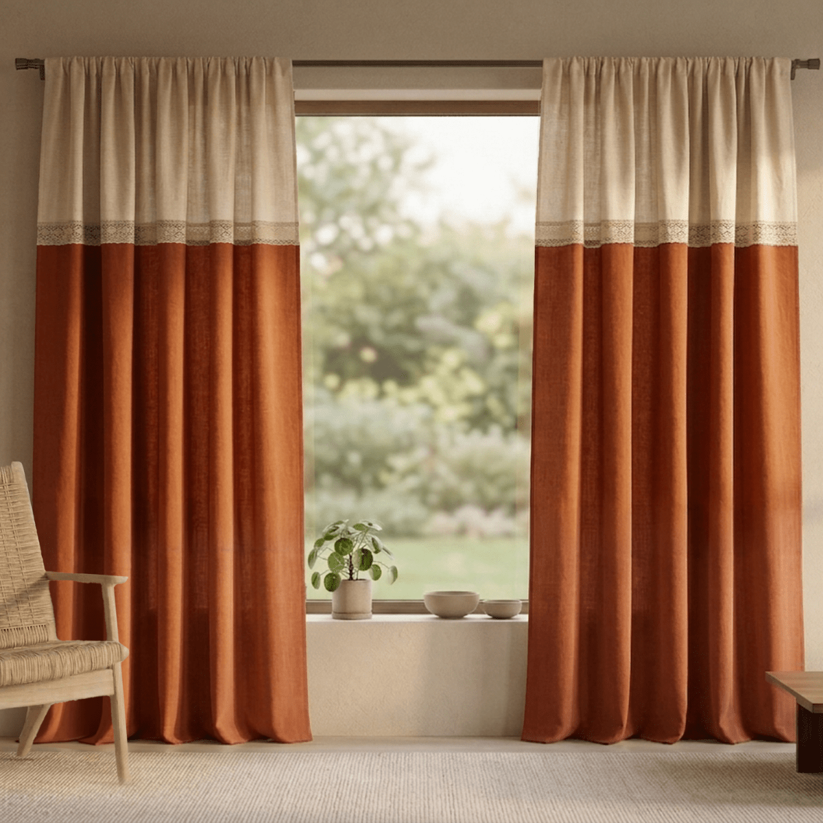 Cotton Door Curtain and Cushion Cover Set in Rust and Off White Colours | 2 Semi Blackout Curtains  with 70% Light Blocking and 2 Cushion Covers 16x16 Inch | Crochet Lace Border | Top to Bottom Reversible Curtain