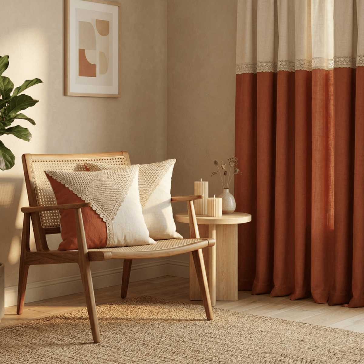 Cotton Door Curtain and Cushion Cover Set in Rust and Off White Colours | 2 Semi Blackout Curtains  with 70% Light Blocking and 2 Cushion Covers 16x16 Inch | Crochet Lace Border | Top to Bottom Reversible Curtain
