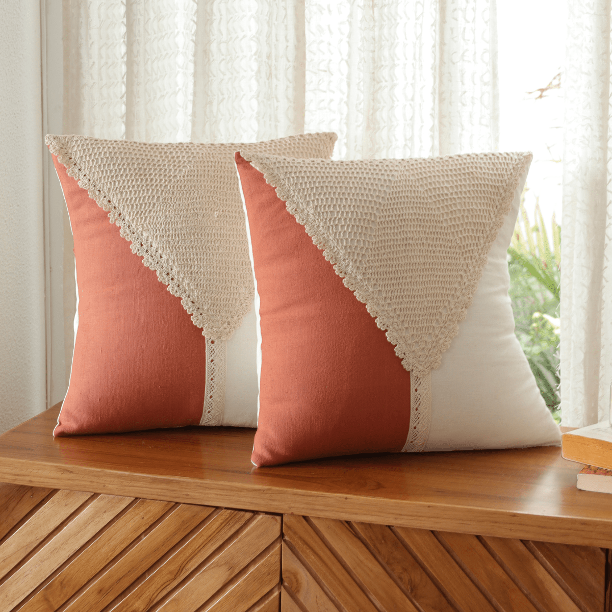 Set of 2 Cotton Curtains and Cushion Covers in Rust and Off white Colour with a Crochet design