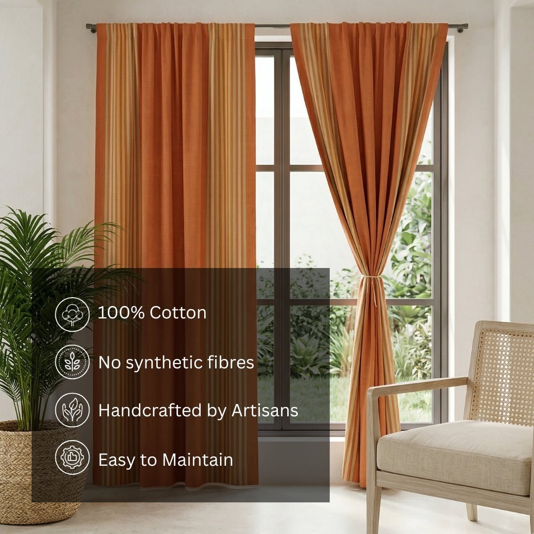 Pure Cotton Semi Blackout Curtains in Apricot and Rust colour with 60% light blocking | Best curtains for living room